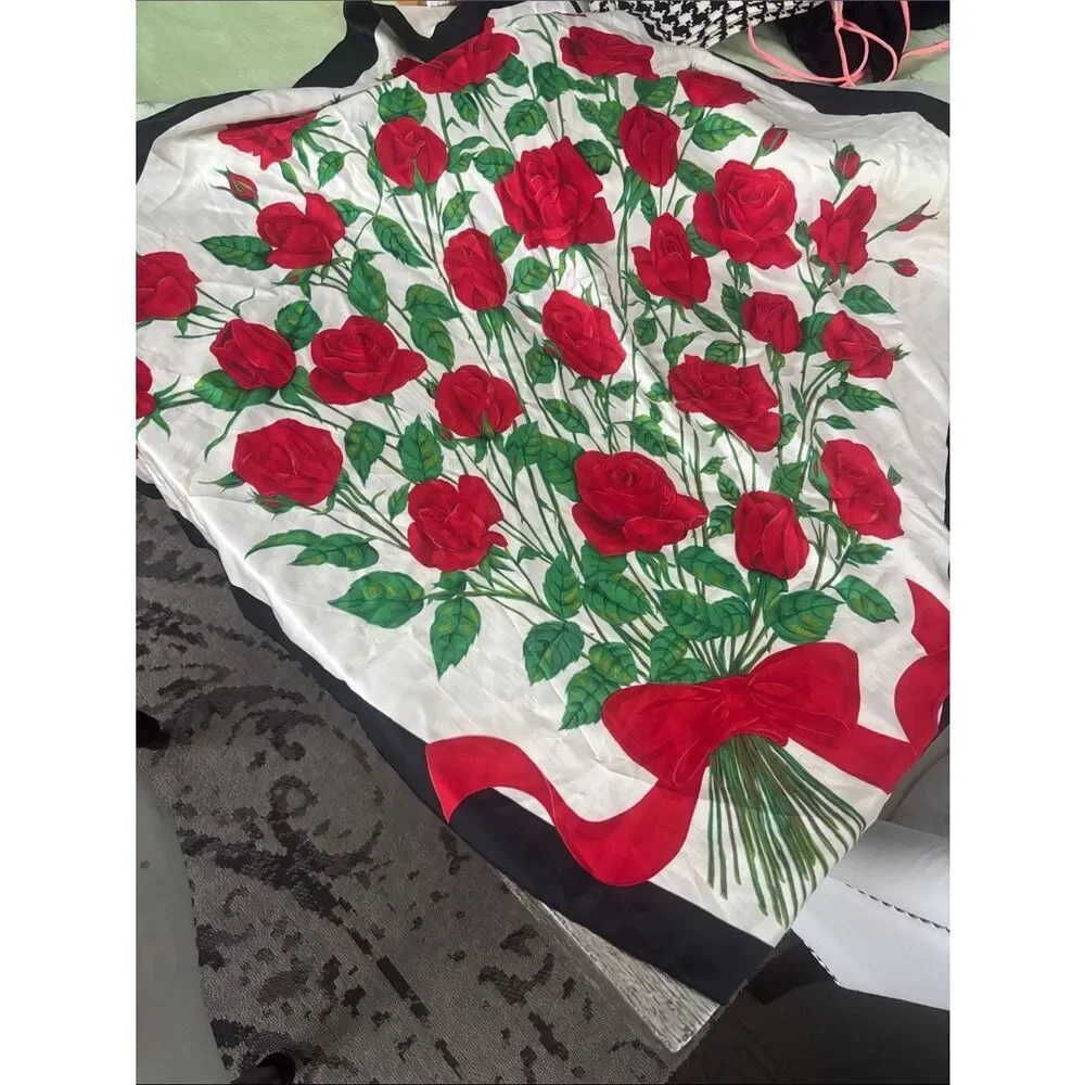 Ginnie Johansen SILK vintage perfect Red Rose Bouquet Print Scarf